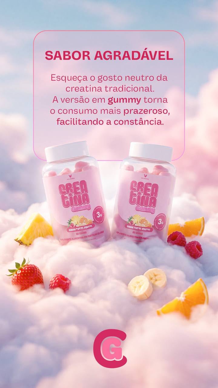 Pote de Creatina Gummy Velmora sabor tutti-frutti com 60 gomas